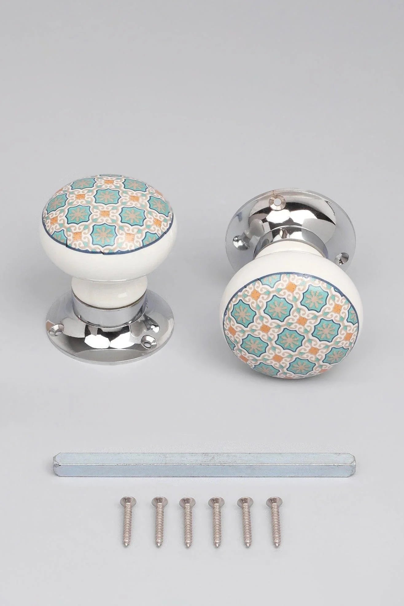 Divine Will Patterned Ceramic Mortice Door Knobs — close-up view, G Decor