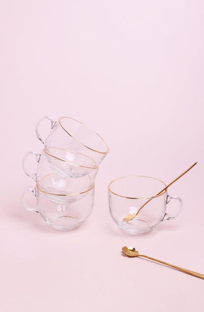 Gdecorstore Mugs and Cups Clear Set Of Four Akari Clear Glass with Gold rim Matching Flower Spoons XL Cups