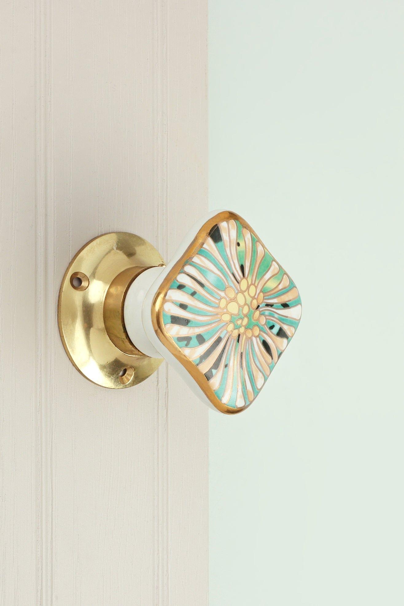 Set of Milano Signature Handcrafted &amp; Hand-Painted Internal Mortice Turning Door Handles – Ceramic Knobs with Brass Base - G Decor