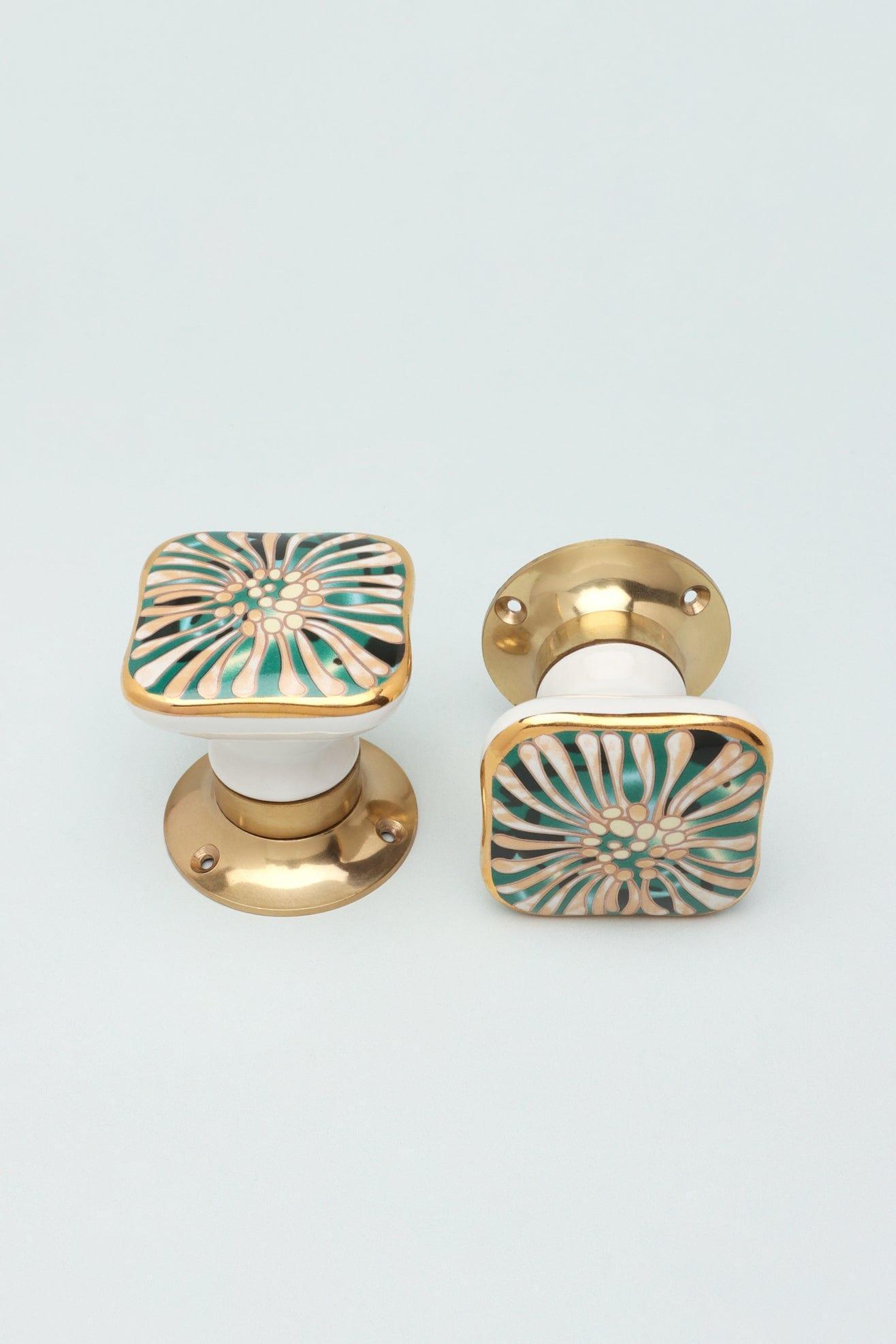 Set of Milano Signature Handcrafted &amp; Hand-Painted Internal Mortice Turning Door Handles – Ceramic Knobs with Brass Base - G Decor