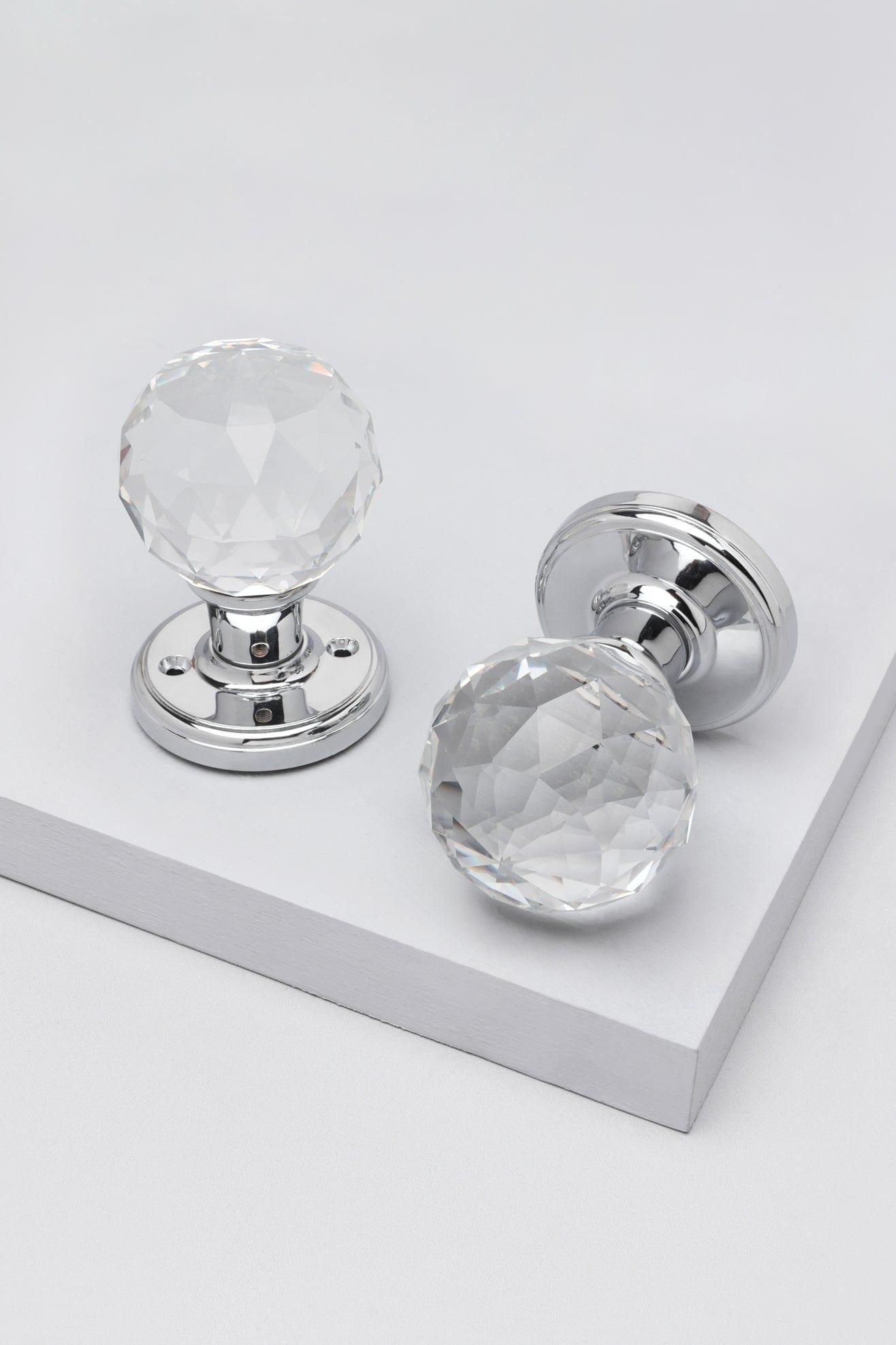 Set of Solid Crystal Round Clear Glass Knobs – Internal Mortice Door Handles with Turning Mechanism, Suitable for Bedroom, Entry &amp; Room Doors, with Chrome Base - G Decor