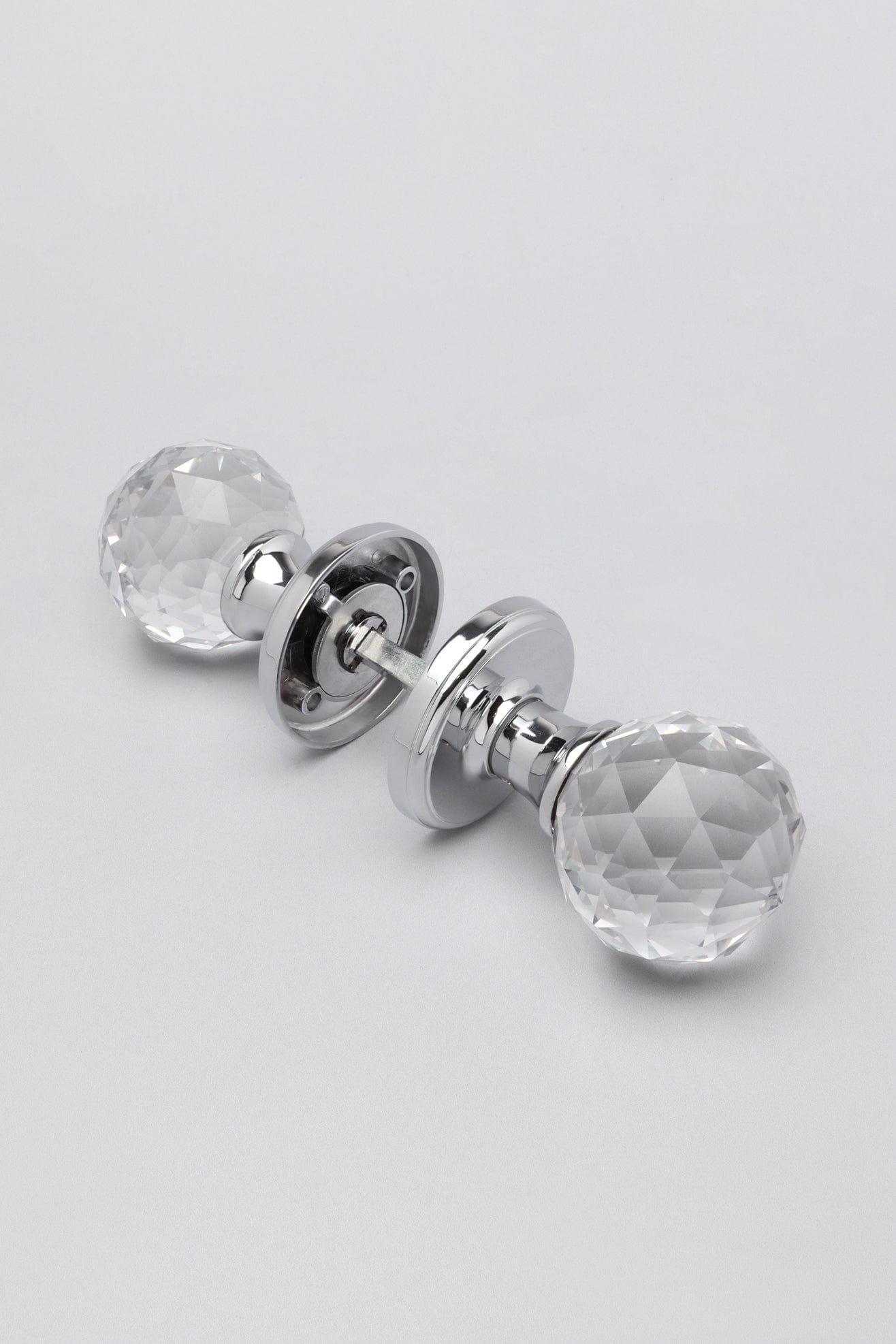 Set of Solid Crystal Round Clear Glass Knobs – Internal Mortice Door Handles with Turning Mechanism, Suitable for Bedroom, Entry &amp; Room Doors, with Chrome Base - G Decor