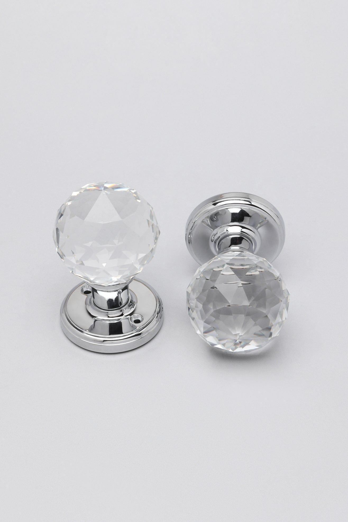 Set of Solid Crystal Round Clear Glass Knobs – Internal Mortice Door Handles with Turning Mechanism, Suitable for Bedroom, Entry &amp; Room Doors, with Chrome Base - G Decor