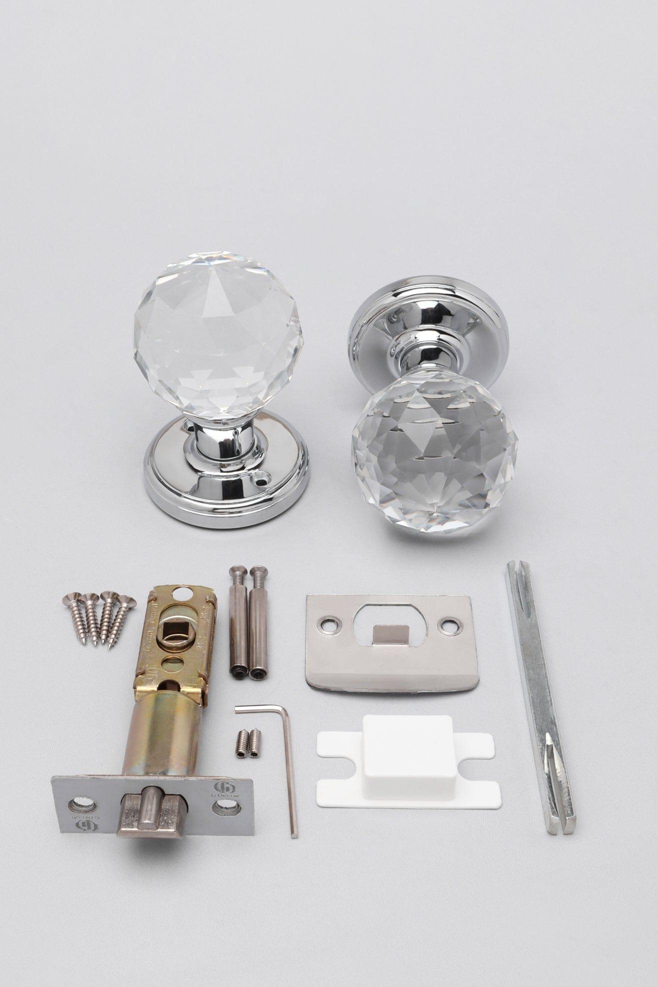 Set of Solid Crystal Round Clear Glass Knobs – Internal Mortice Door Handles with Turning Mechanism, Suitable for Bedroom, Entry &amp; Room Doors, with Chrome Base - G Decor