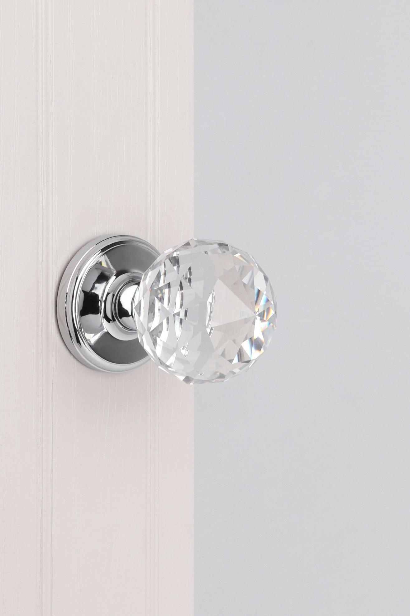 Set of Solid Crystal Round Clear Glass Knobs – Internal Mortice Door Handles with Turning Mechanism, Suitable for Bedroom, Entry &amp; Room Doors, with Chrome Base - G Decor