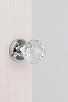 Clear faceted crystal mortice door knob detail with chrome turning mechanism — G Decor