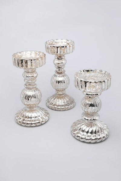 G Decor Candles & Candle Holders Set of Three Set Of Three Frank Aged Silver Glass Vintage Mixed Size Centrepiece Pillar Candle Holders