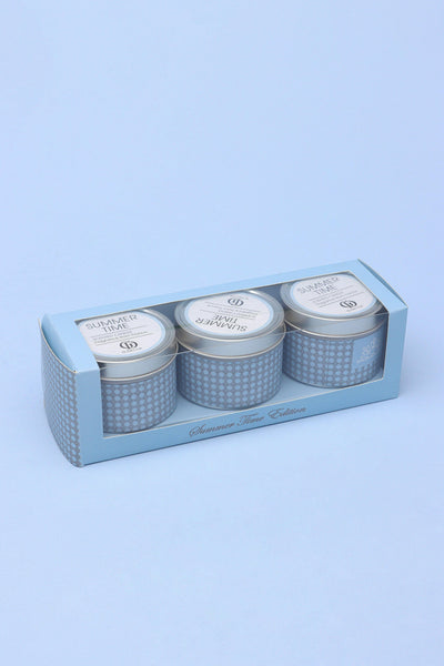 Gdecorstore Candles & Candle Holders Blue Set Of Three Scented Summer Time Floral Blue Tin Candles Gift Set