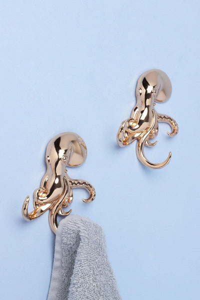 Gdecorstore All Hooks Gold Set Of Two Gold Solid Brass Octopus Wall Coat Hooks