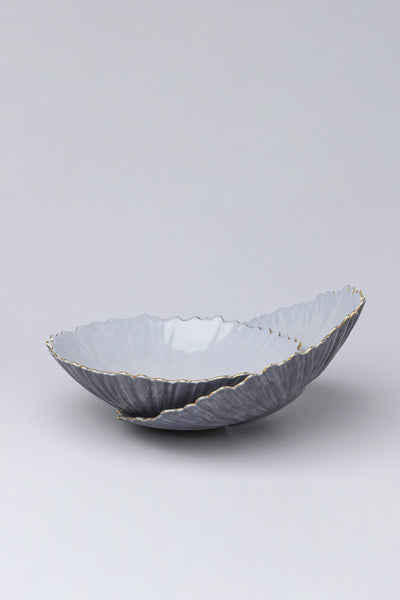 Asteria Sculpted Ceramic Serving Bowl in Grey with Gold Rim