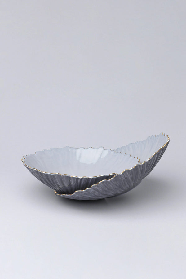 Asteria Sculpted Ceramic Serving Bowl in Grey with Gold Rim