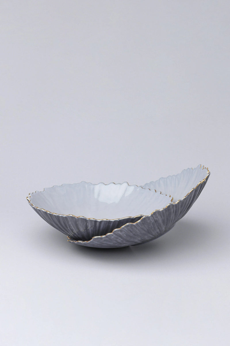Asteria Sculpted Ceramic Serving Bowl in Grey with Gold Rim