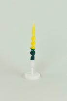 Set of Two-Toned Yellow and Dark Green Spiral Twisted Hand Dipped Candlesticks Taper Church Dinner Candles - G Decor