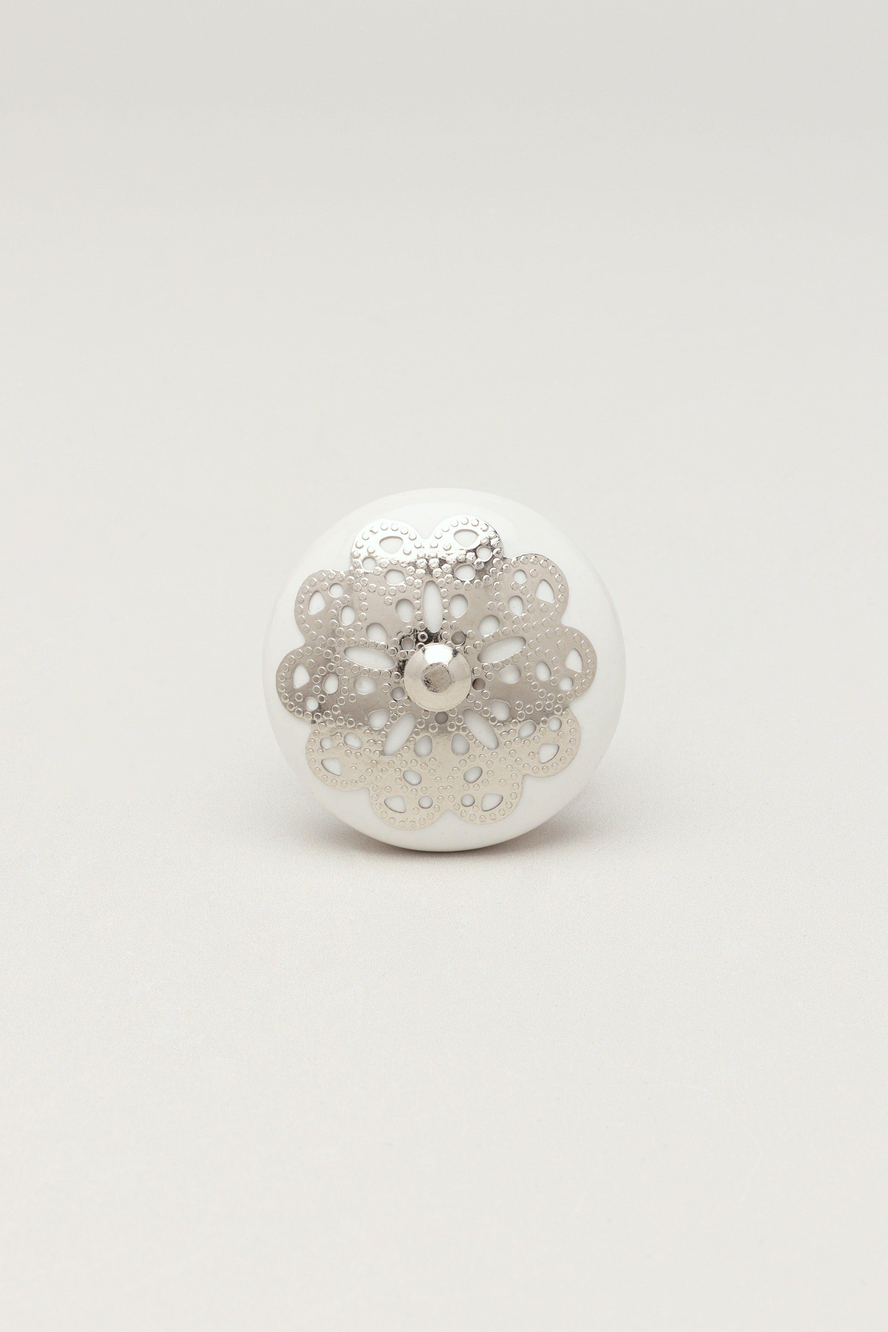 Silver Applique IV Ceramic Door Knob Cupboard Drawer Pull Door Handle - G Decor
