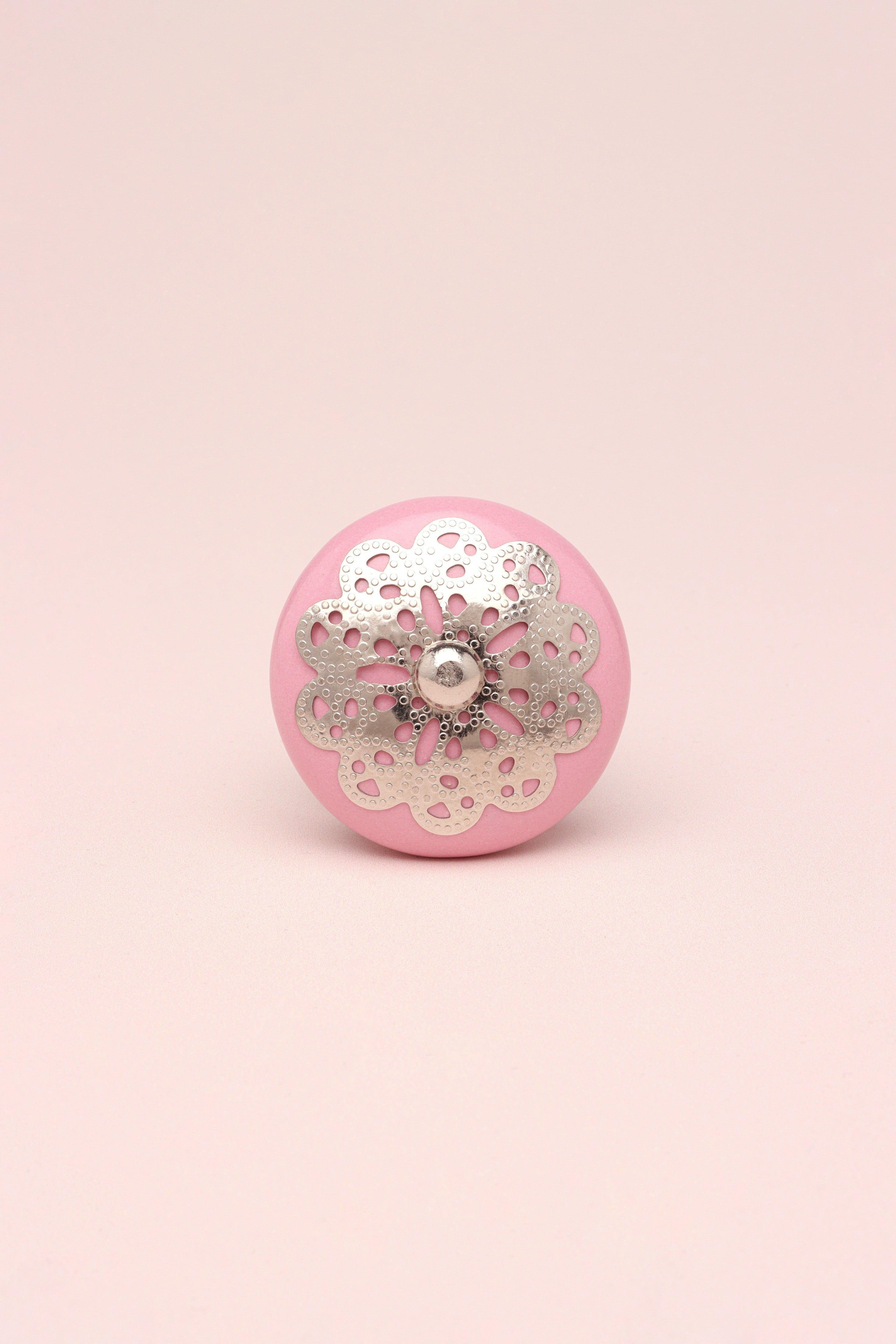 Silver Applique IV Ceramic Door Knob In Pastel Cupboard Drawer Pull Door Handles - G Decor