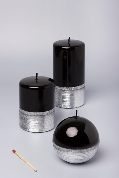 Gdecorstore Candles & Candle Holders Black / Set Silver Black Two Tone Glitter Glass Effect Reflecting Plain Gloss Pillar Candles