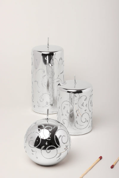 G Decor Candles Silver / Set Silver Glitter Swirls Glass Effect Reflecting Sparkling Gloss Pillar Candles