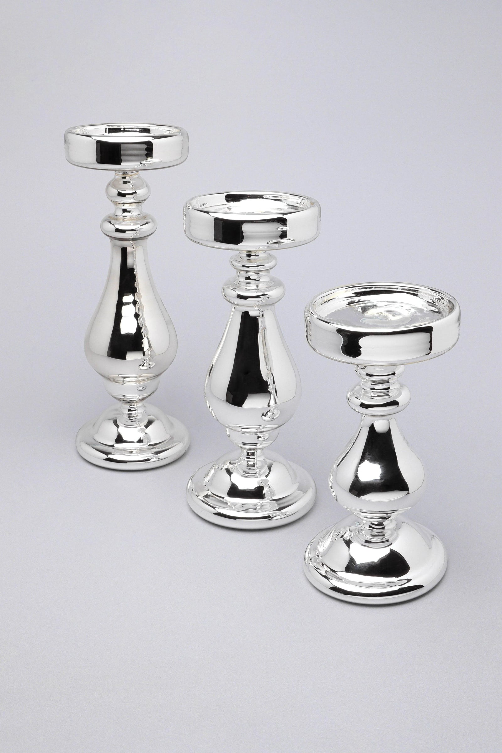 Silvermere Set of 3 Hand-Blown Silver Glass Pillar Candle Holders — G Decor