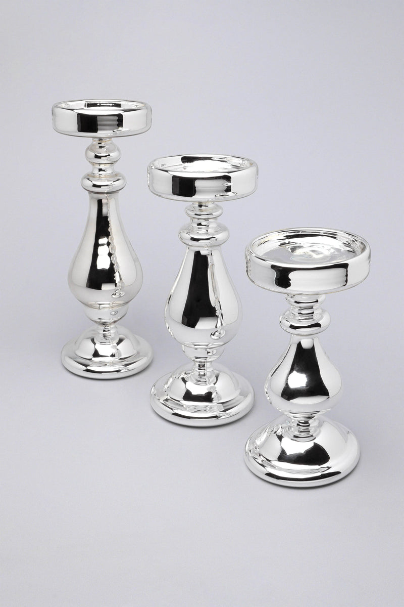 Silvermere Set of 3 Hand-Blown Silver Glass Pillar Candle Holders