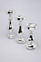 Silvermere Set of 3 Hand-Blown Hollow Glass Silver Pillar Candle Holders Elegant Mixed-Height Centrepiece Stands - G Decor