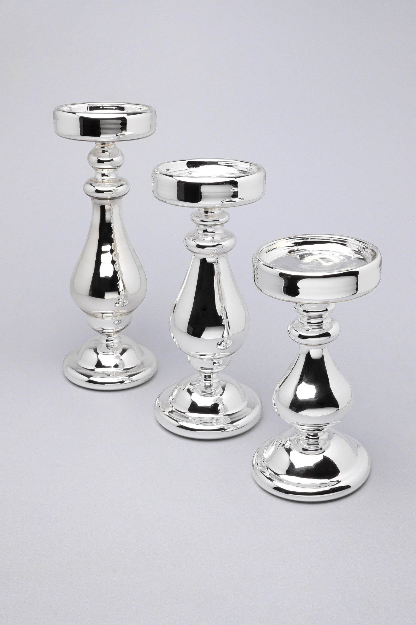 Silvermere Set of 3 Hand-Blown Silver Glass Pillar Candle Holders