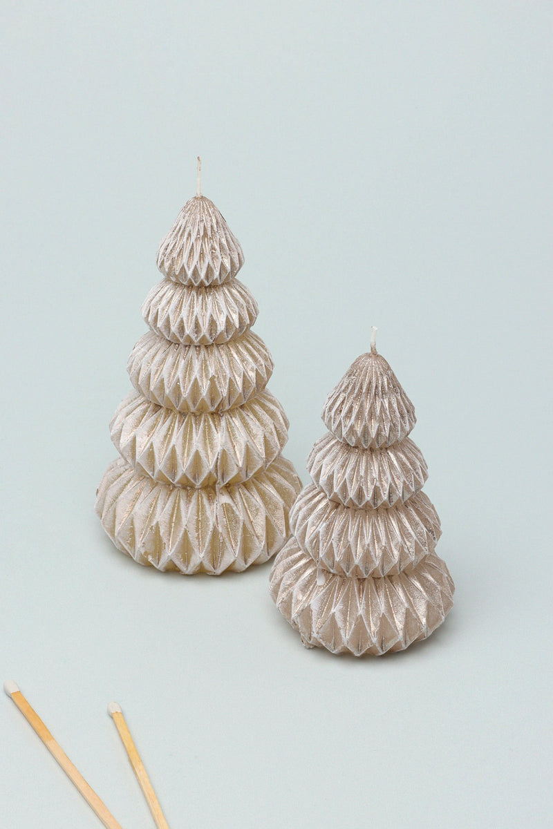 Snowy Glow Hand-Finished Christmas Tree Candle — Taupe & Gold