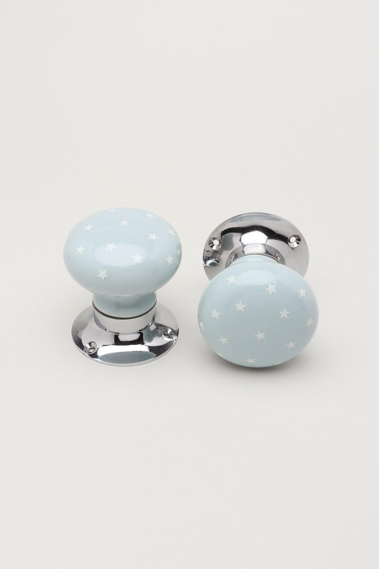 The Little Stars Collection – Light Grey Ceramic Mortice Door Knob Set with White Stars and Chrome Base for Interior Room Doors - G Decor
