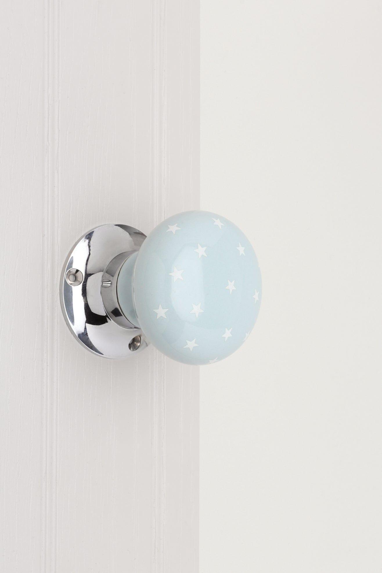 The Little Stars Collection – Light Grey Ceramic Mortice Door Knob Set with White Stars and Chrome Base for Interior Room Doors - G Decor