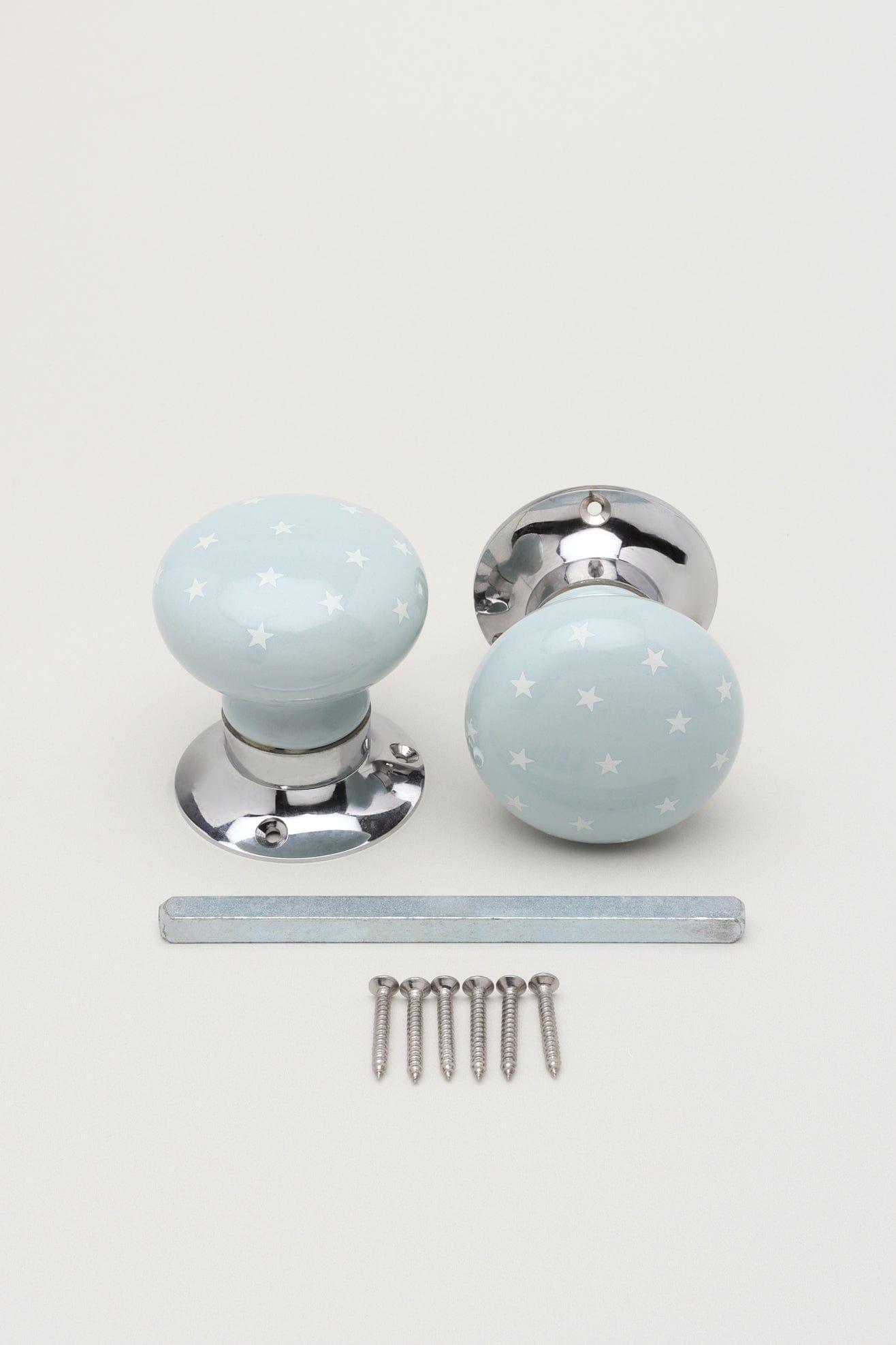 The Little Stars Collection – Light Grey Ceramic Mortice Door Knob Set with White Stars and Chrome Base for Interior Room Doors - G Decor