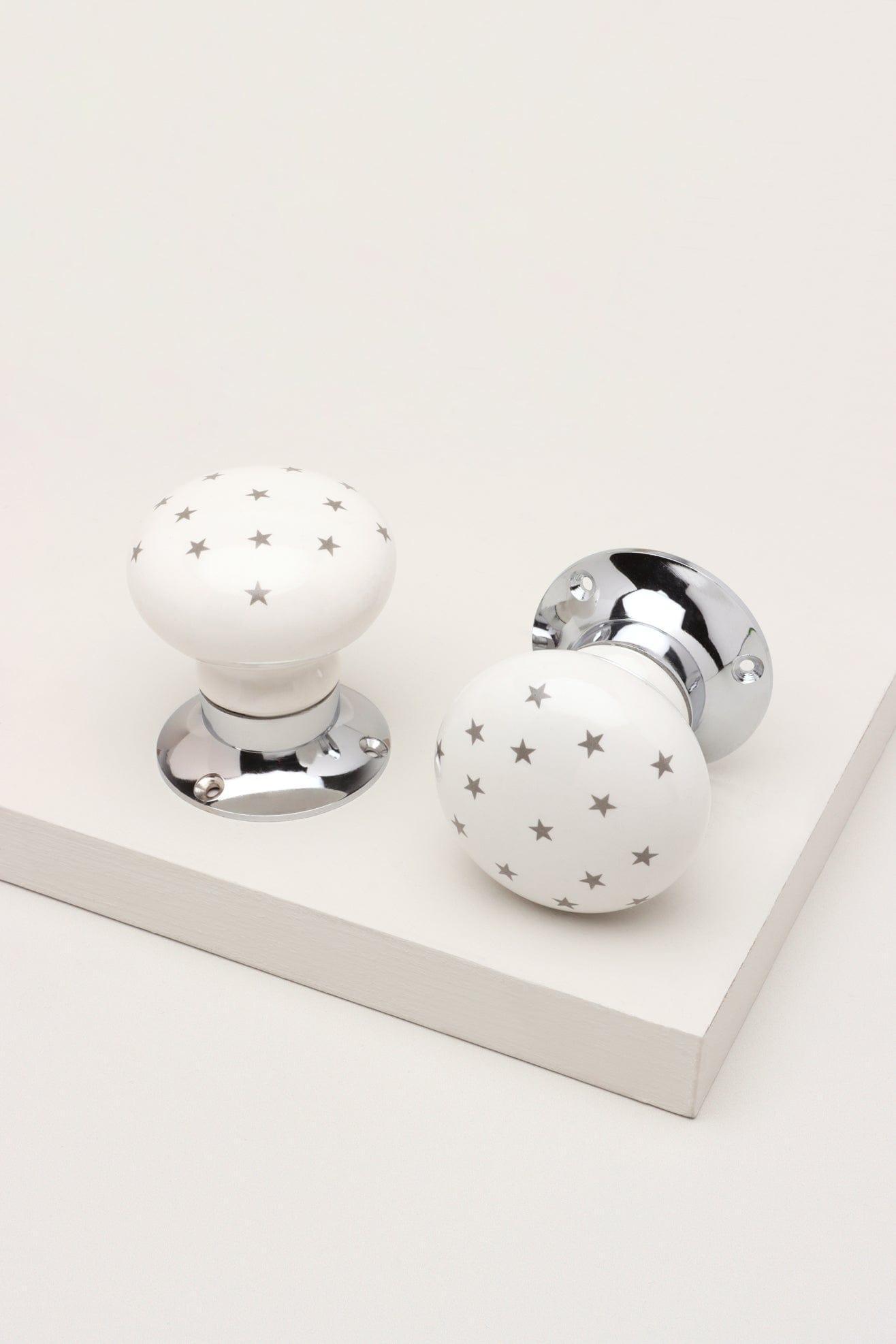 The Little Stars Collection – White Ceramic Mortice Door Knob Set with Grey Stars and Chrome Base for Interior Room Doors - G Decor