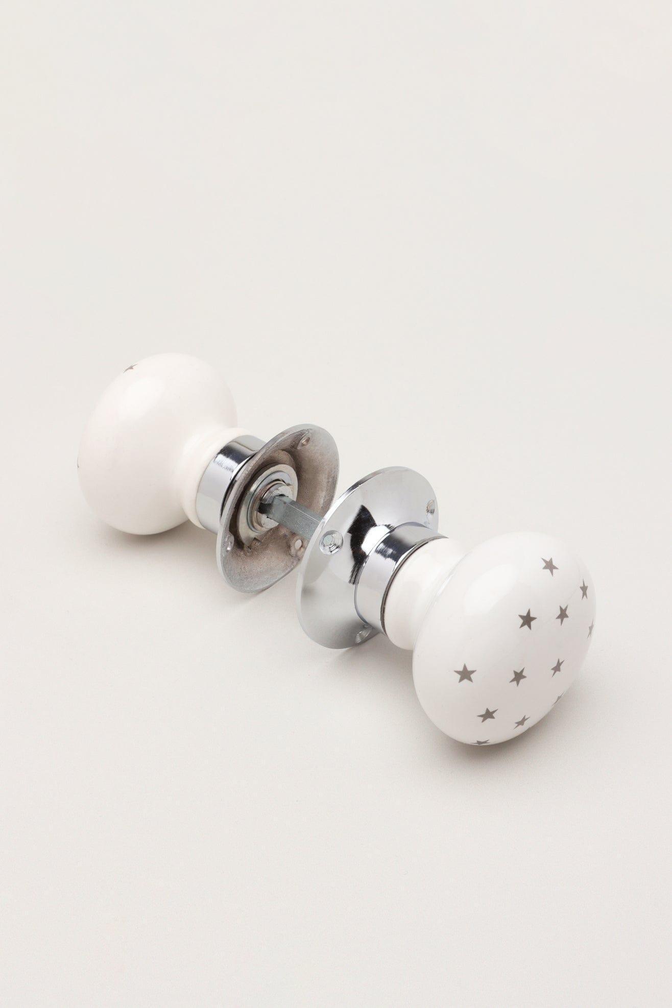 The Little Stars Collection – White Ceramic Mortice Door Knob Set with Grey Stars and Chrome Base for Interior Room Doors - G Decor