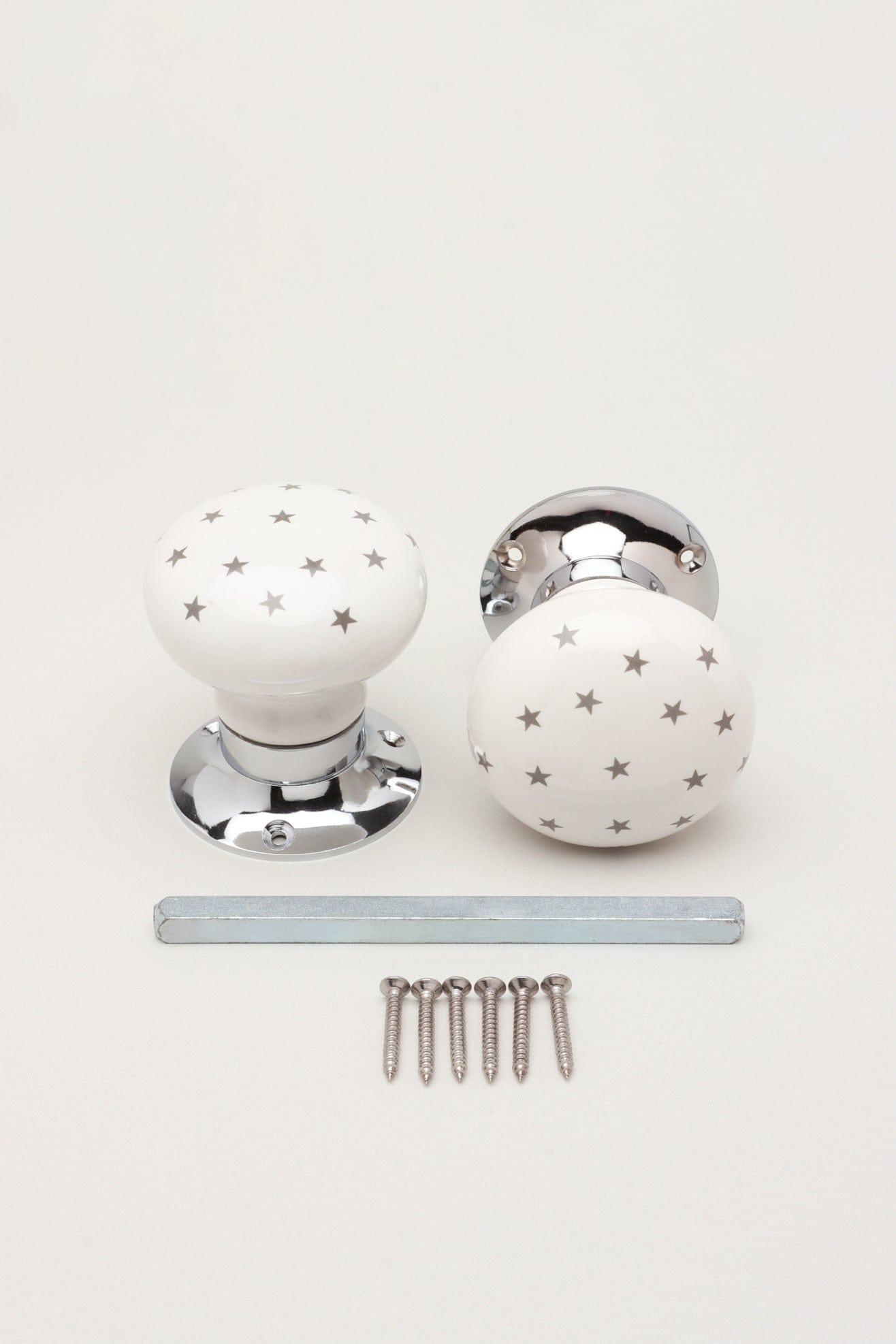 The Little Stars Collection – White Ceramic Mortice Door Knob Set with Grey Stars and Chrome Base for Interior Room Doors - G Decor