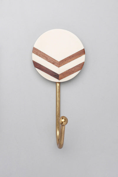 Gdecorstore All Hooks White Two Arrows Large Circle Disk Wood and Resin Brass Geometric Wall Organizer Coat Hook