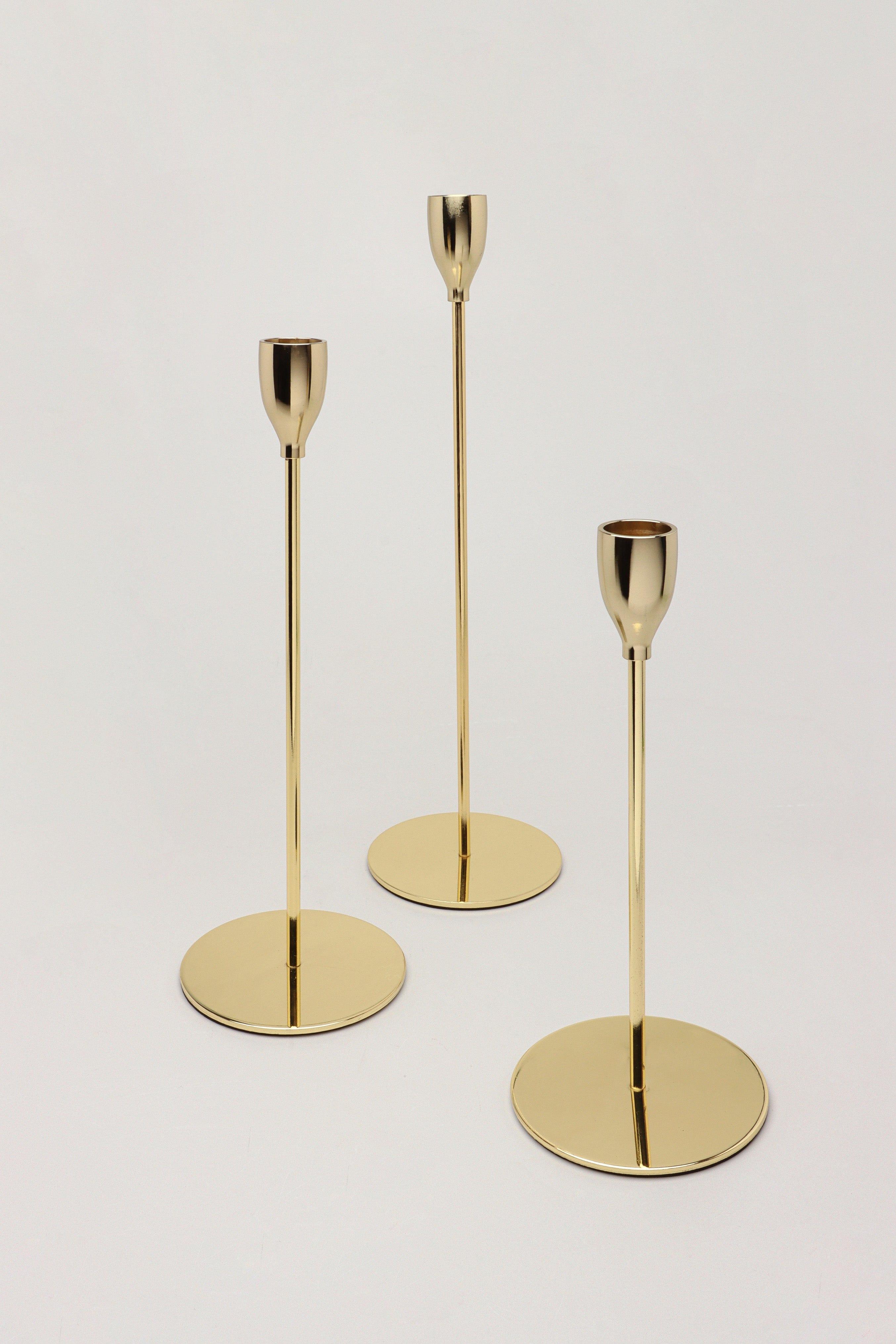 Verro Set of 3 Modern Gold Stainless Steel Candle Holders Sleek Weighted Dinner Candlesticks - G Decor