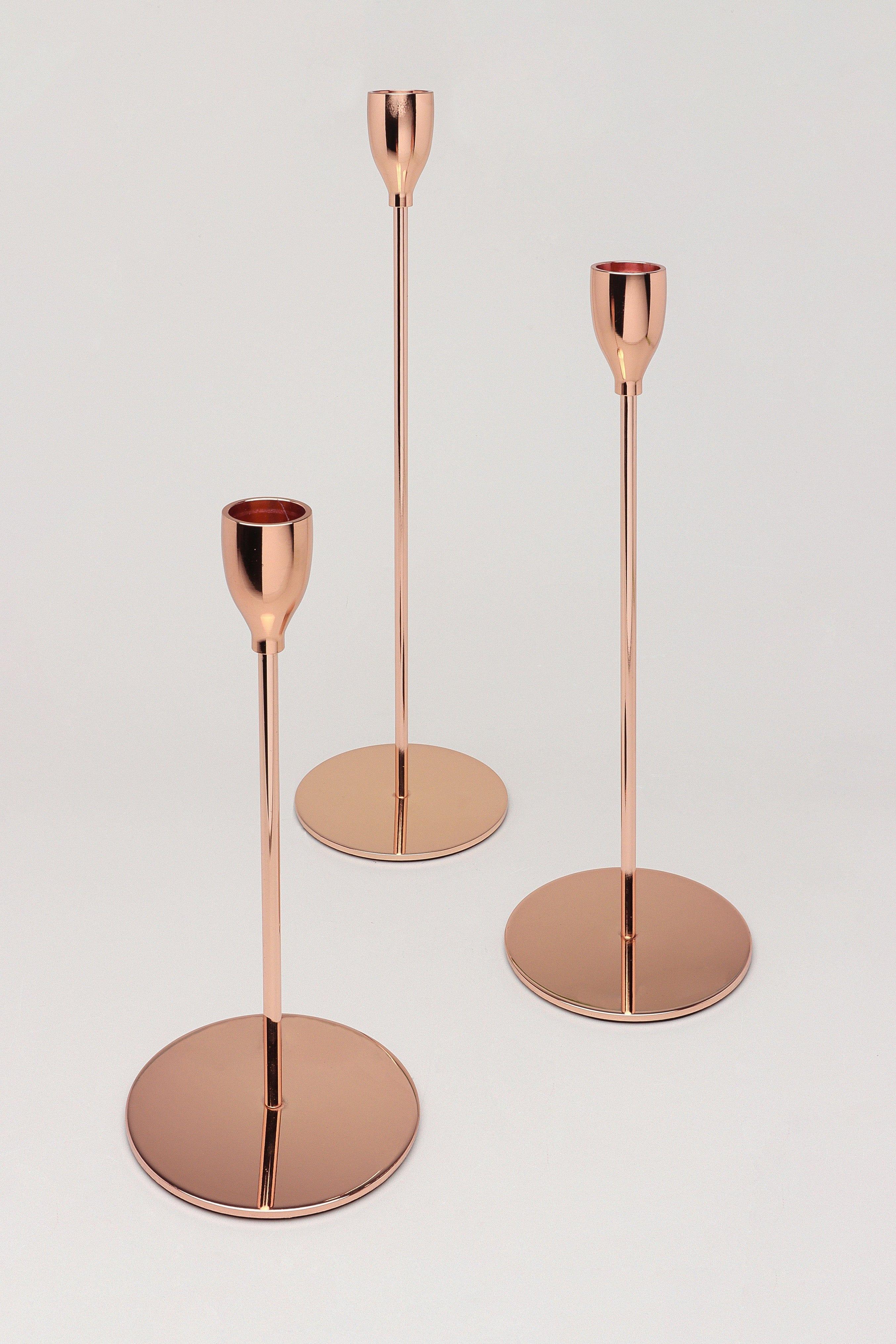 Verro Set of 3 Modern Rose Gold Stainless Steel Candle Holders Sleek Weighted Dinner Candlesticks - G Decor