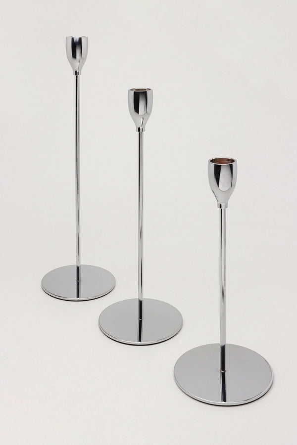 Verro Set of 3 Stainless Steel Dinner Candlesticks in Silver