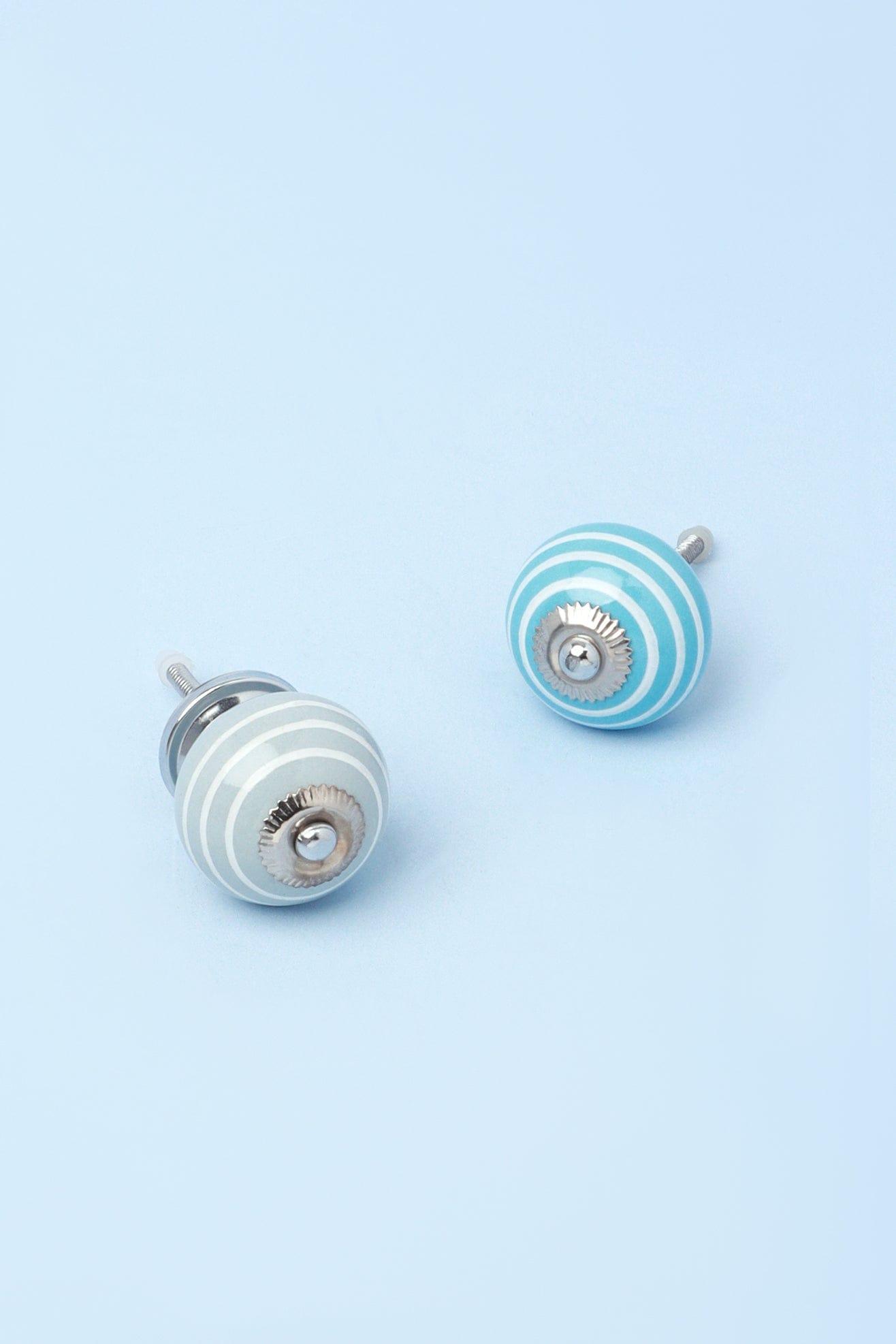 White Striped Handcrafted Ceramic Door Knob In Gray and Light Blue - G Decor