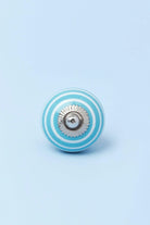 White Striped Hand-Painted Ceramic Cabinet Knob in Grey and Light Blue — close-up view, G Decor