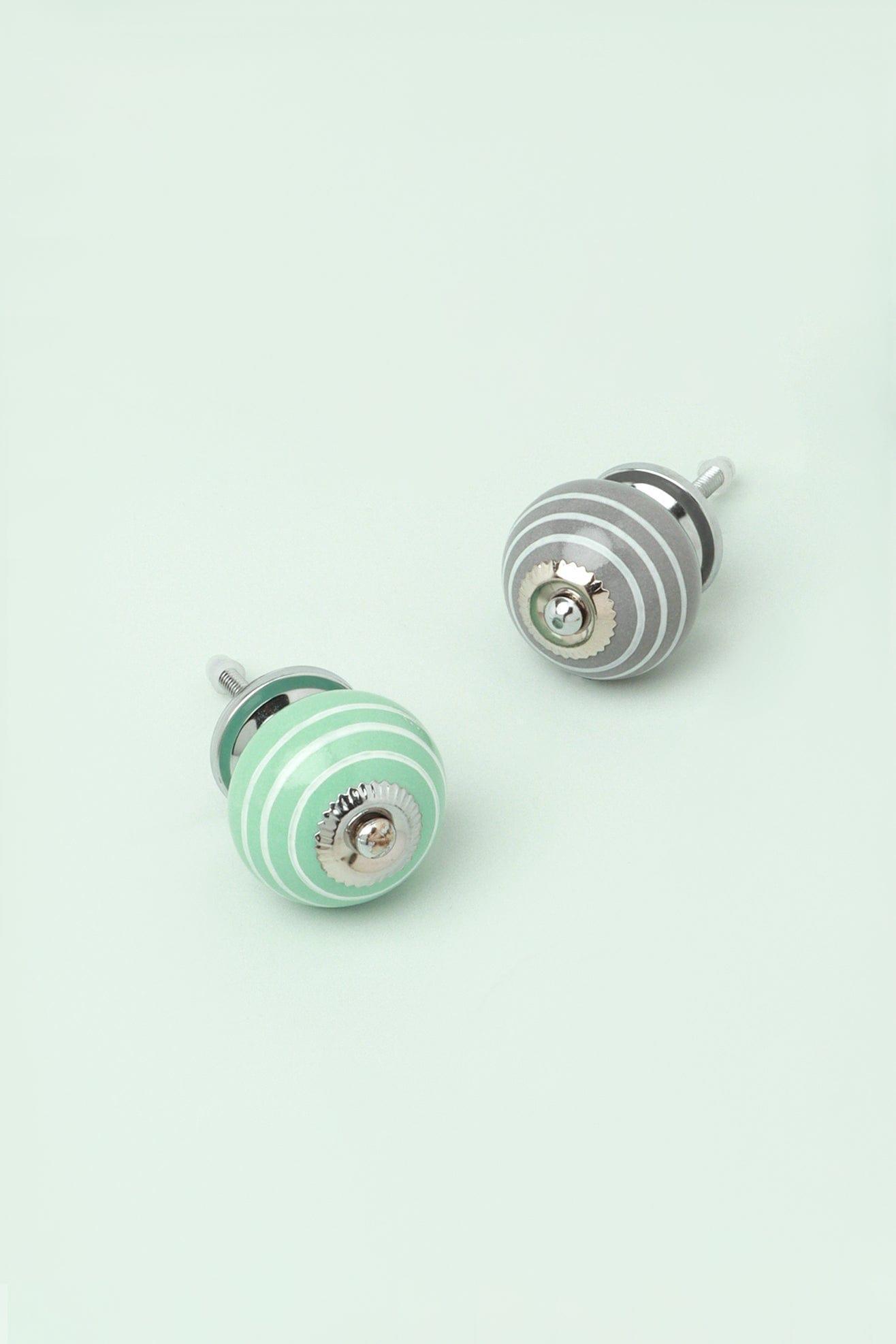 White Striped Handcrafted Ceramic Door Knob In Pastel Grey and Mint Colours - G Decor