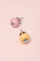 White Striped Hand-Painted Ceramic Cabinet Knob in Pink and Yellow — G Decor