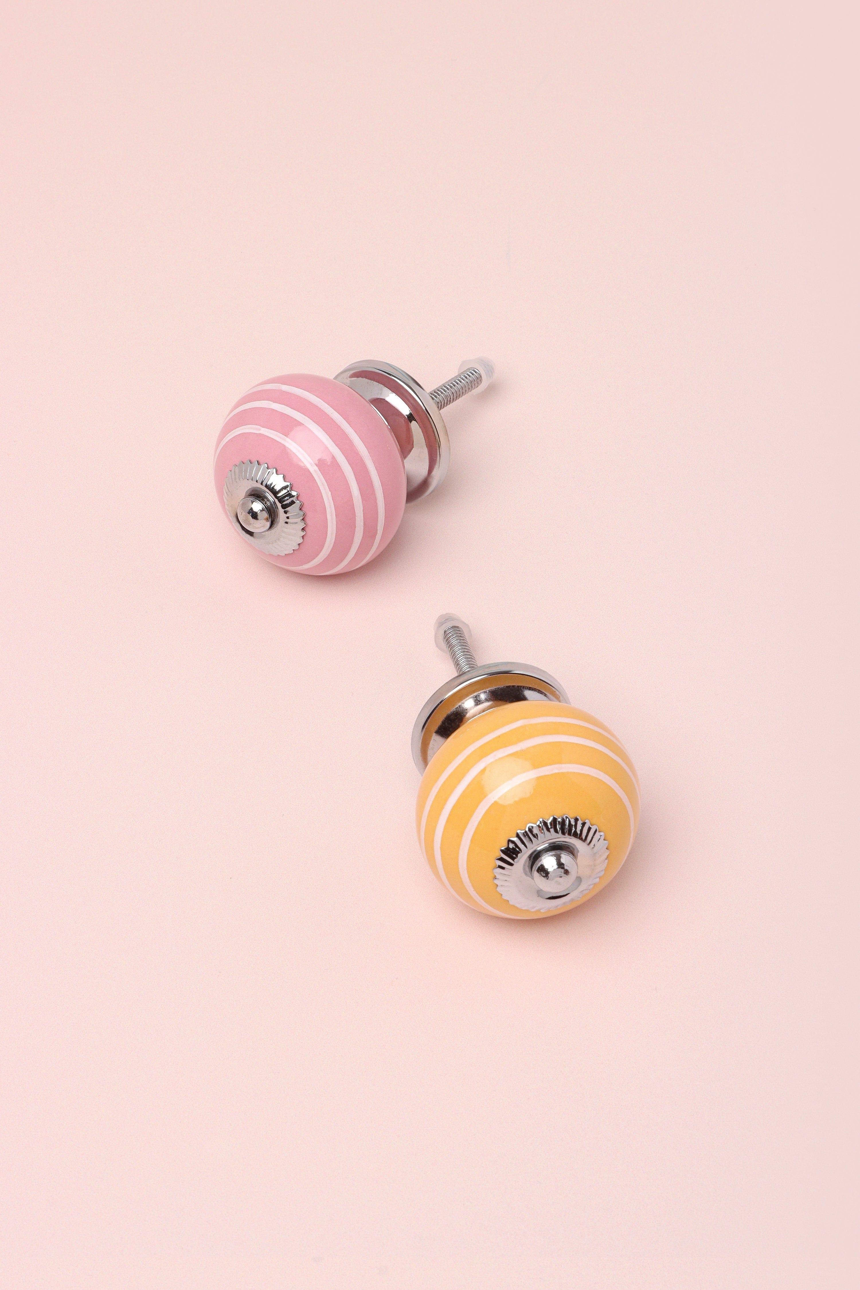 White Striped Handcrafted Ceramic Door Knob In Pink And Yellow Colours - G Decor