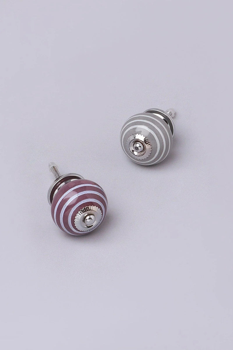 White Striped Hand-Painted Ceramic Knob — Purple & Dark Grey