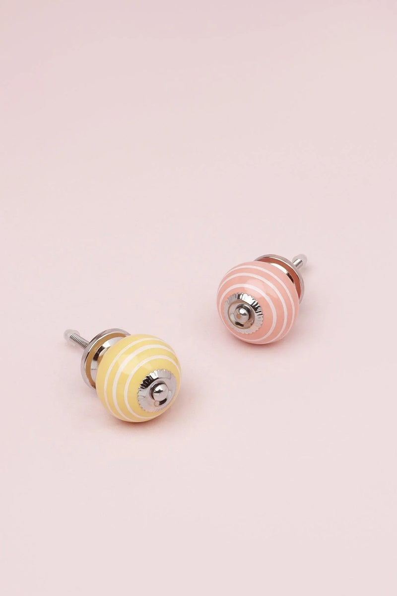 White Striped Hand-Painted Ceramic Knob — Pastel Pink & Yellow