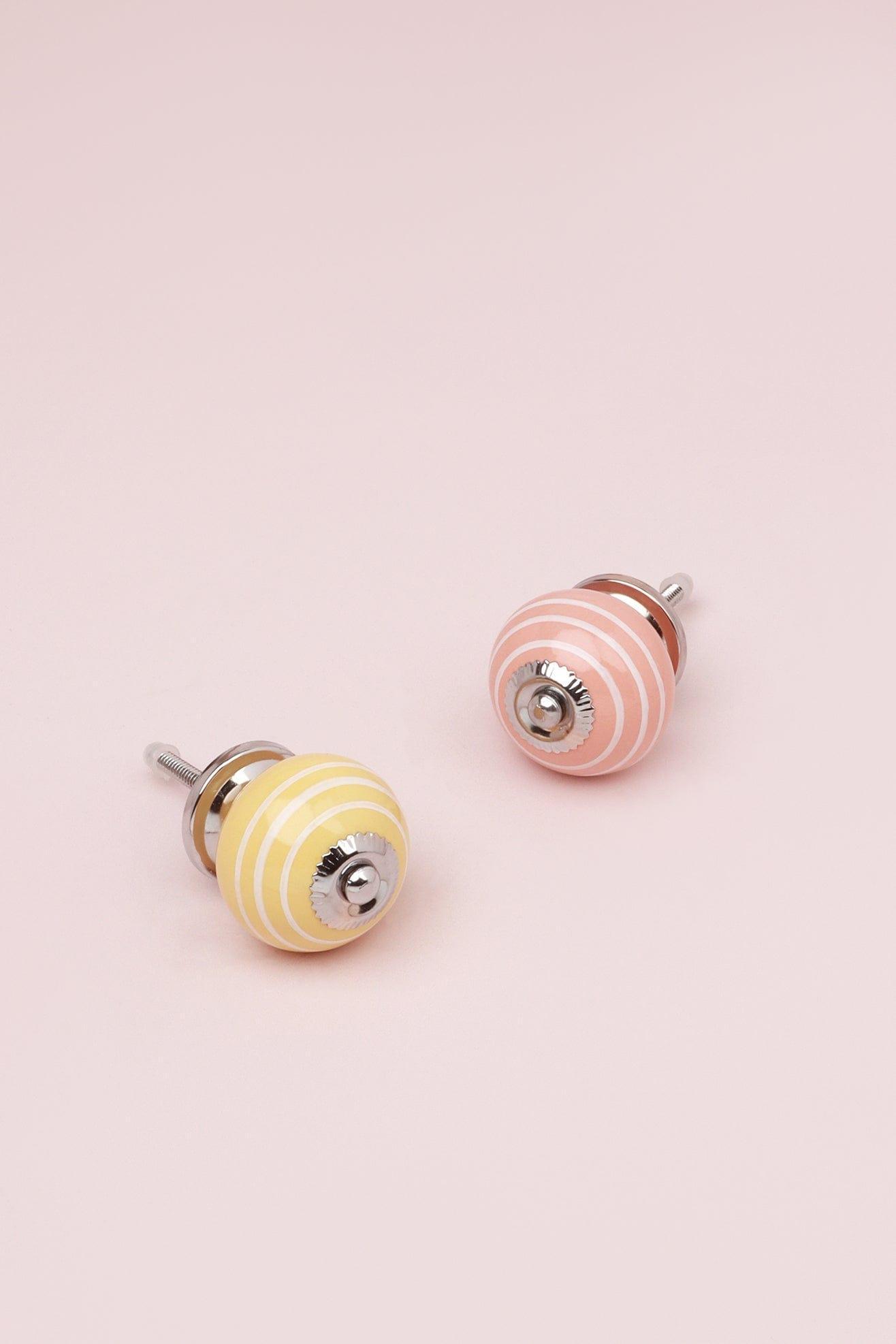 White Striped Handcrafted Ceramic Door Knob Pastel Pink And Yellow Colours - G Decor